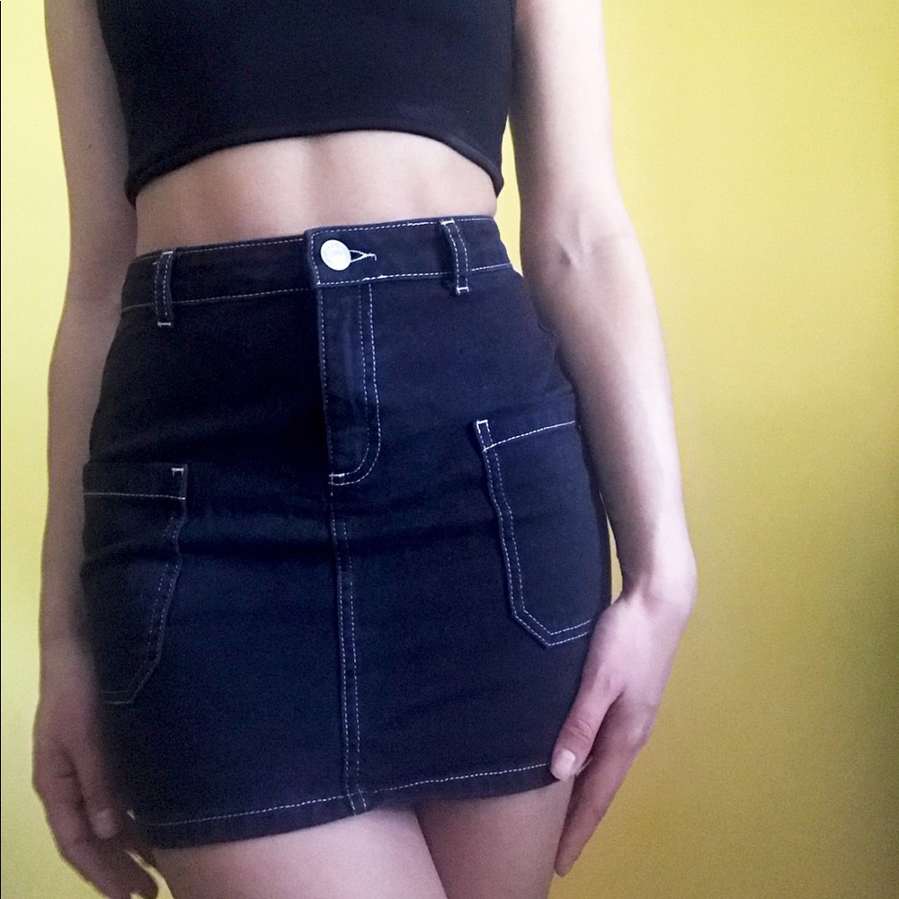 UO black denim skirt with white stitching